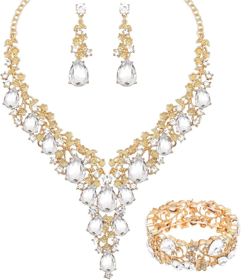 CSY Elegant Crystal Costume Jewelry Sets Flower Bridal Necklace Earrings Stretch Bangle Set for Bride Bridesmaid Wedding Dress Accessories - Image 1